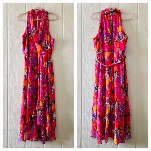 JULIA JORDAN Fushia Floral Halter V Neck Surplice Faux Wrap Sleeveless Belted 12